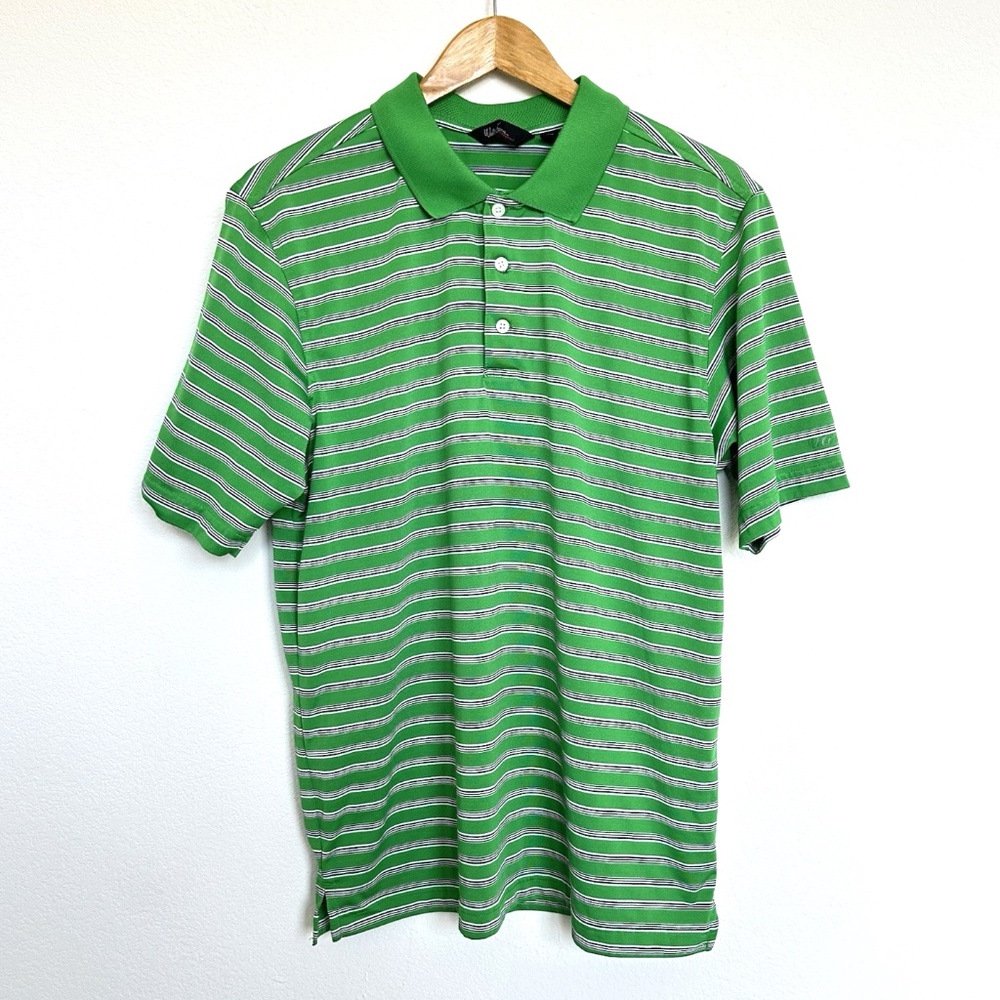 Walter Hagen Essentials Polo Shirt ~Medium~ Green Stripe, Rib Collar, Golf *READ